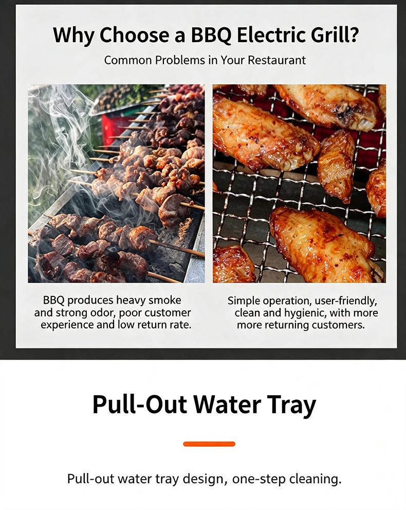 JHD-430 commercial smokeless electric grill benefits for restaurant, pull-out water tray design for one-step easy cleaning