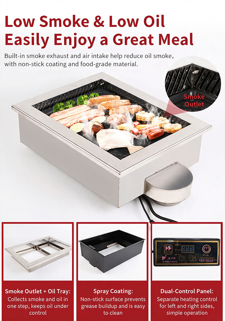 JHD-460 low smoke low oil electric grill, built-in smoke outlet oil tray dual control panel for commercial restaurant