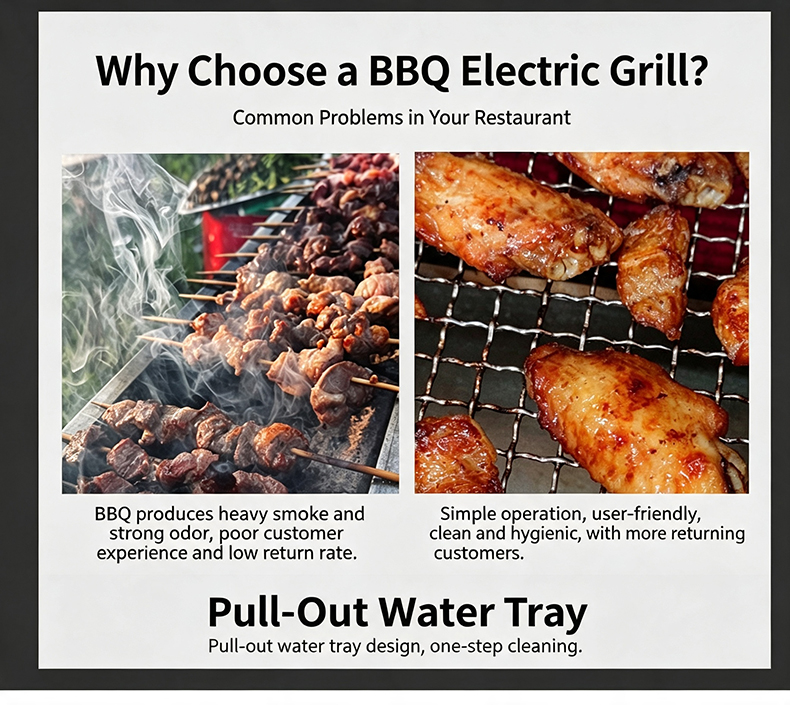 JHD‑510 commercial electric bbq grill advantage comparison chart, pull‑out water tray clean hygiene for restaurant business