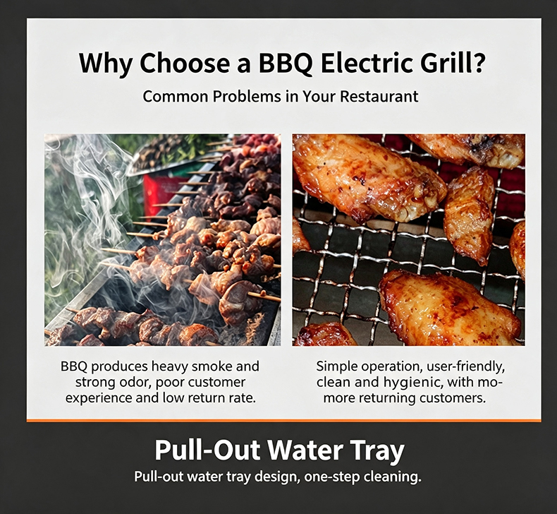 JHD-660 commercial electric BBQ grill benefits for restaurant, pull-out water tray design for one-step cleaning, hygienic and user-friendly