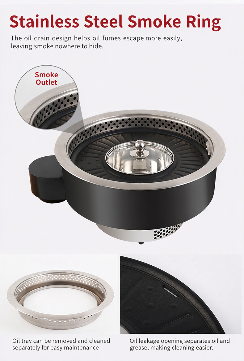JHD‑480 stainless steel smoke ring and oil drain structure, easy‑to‑clean built‑in hot pot grill electric ceramic stove parts