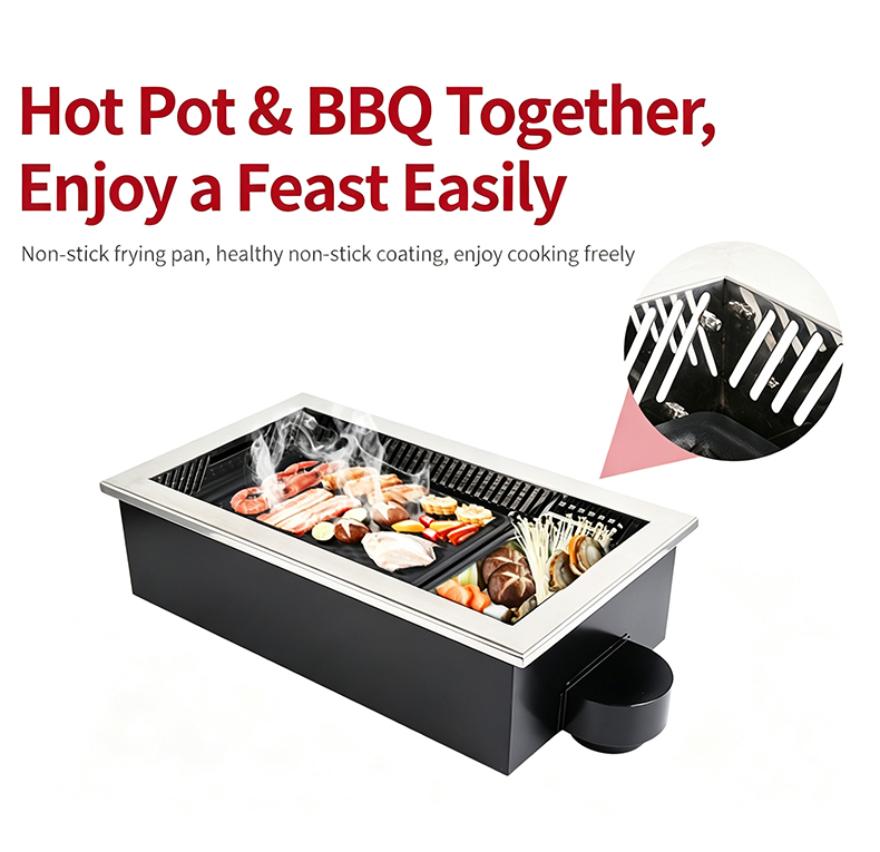 JHD‑630 Juntian Built‑in Grill Hot Pot Electric Stove Real Cooking Demo, Non‑stick Coating Plate For Restaurant Hotpot BBQ Table