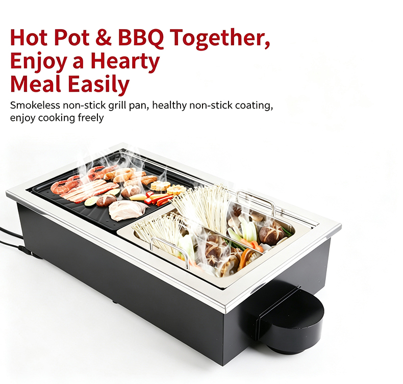JHD‑650 automatic lifting built‑in 2‑in‑1 hot pot bbq electric stove smokeless non‑stick grill pan for catering restaurant