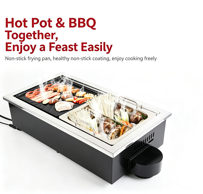 JHD‑650 commercial built‑in hot pot bbq 2‑in‑1 electric stove non‑stick grill pan for hot pot barbecue restaurant