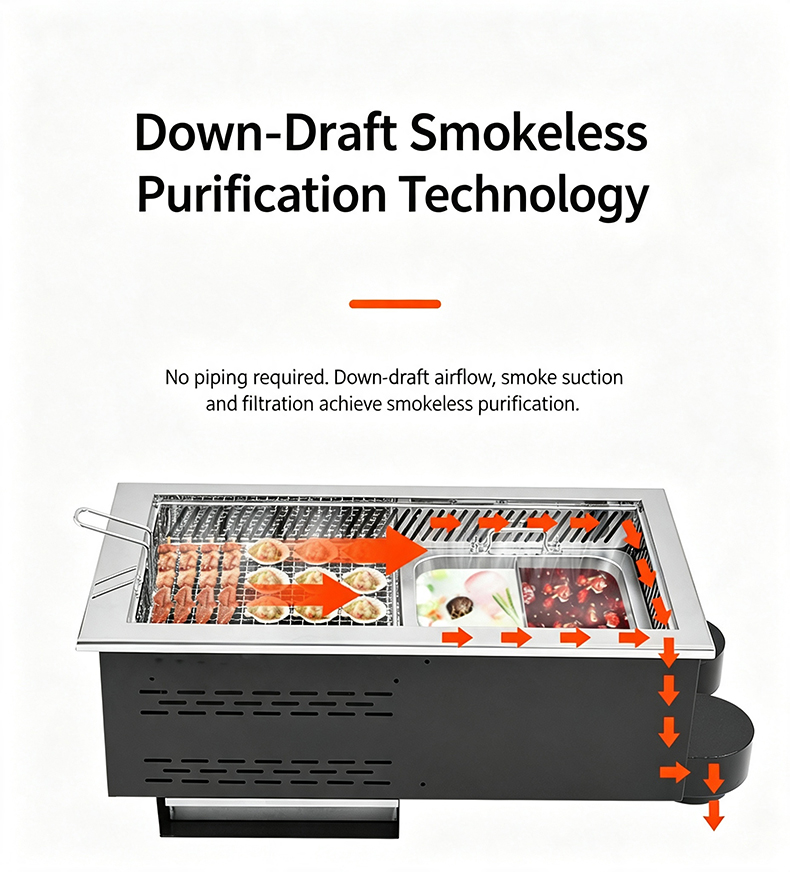 JHD‑670 down‑draft smokeless purification technology airflow diagram, no piping required smoke suction filtration built‑in bbq hotpot electric stove