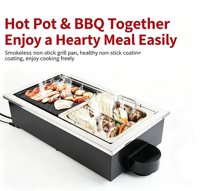 Juntian JHD‑710 smokeless non‑stick 2‑in‑1 hot pot bbq electric stove real‑shot working status for commercial catering restaurant