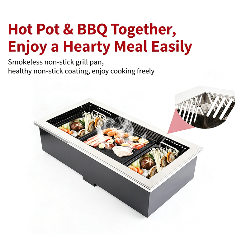 Juntian JHD‑720 smokeless non‑stick 2‑in‑1 hot pot bbq electric stove real‑shot working status for commercial catering hotpot restaurant