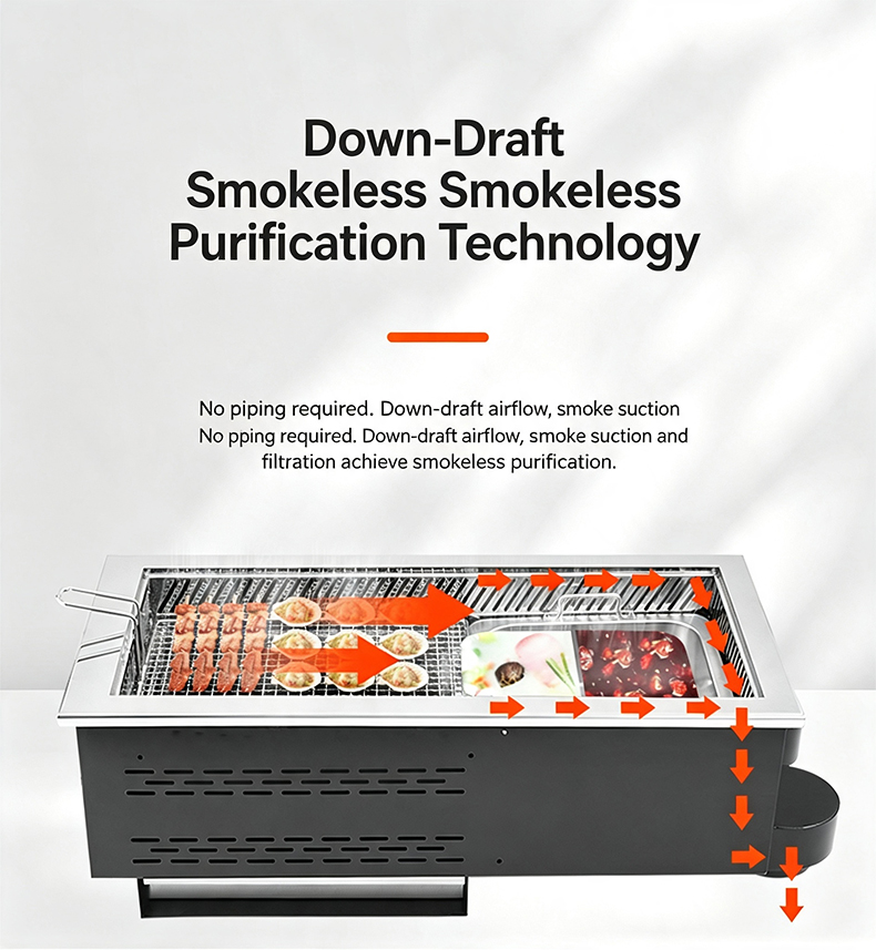 JHD‑760 down‑draft smokeless purification airflow diagram, no‑piping smoke suction filtration built‑in bbq hot pot stove