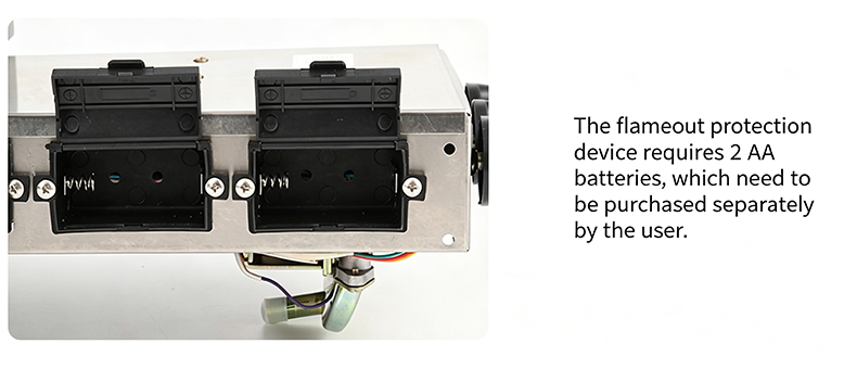 SZY‑540 gas cooktop battery compartment for flame‑out protection system, requires 2 AA batteries user‑supplied