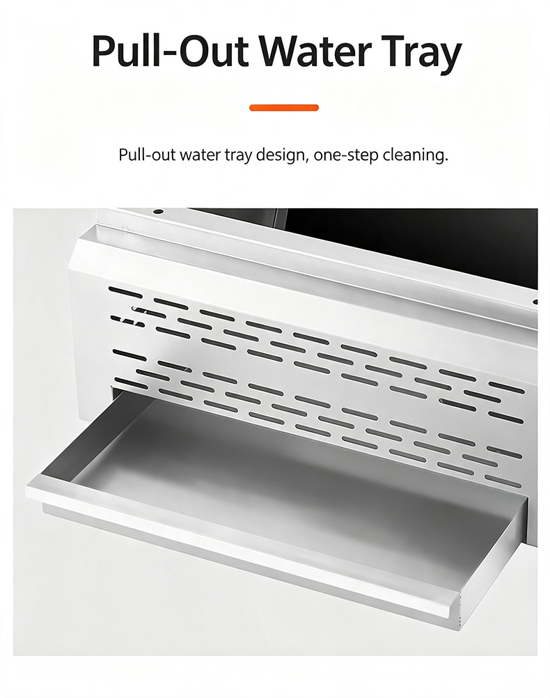 JHD-510 commercial countertop electric grill pull-out water tray, stainless steel oil and water tray design for one-step easy cleaning