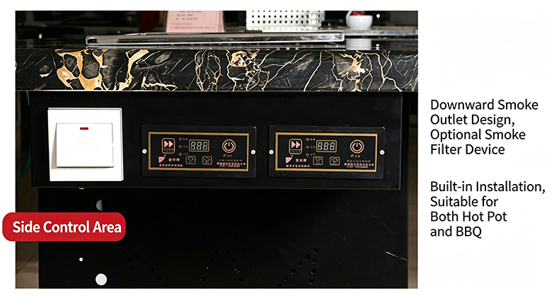 JHD‑540 built‑in smokeless bbq hot pot stove side control panel, downward smoke outlet design commercial grill for restaurant