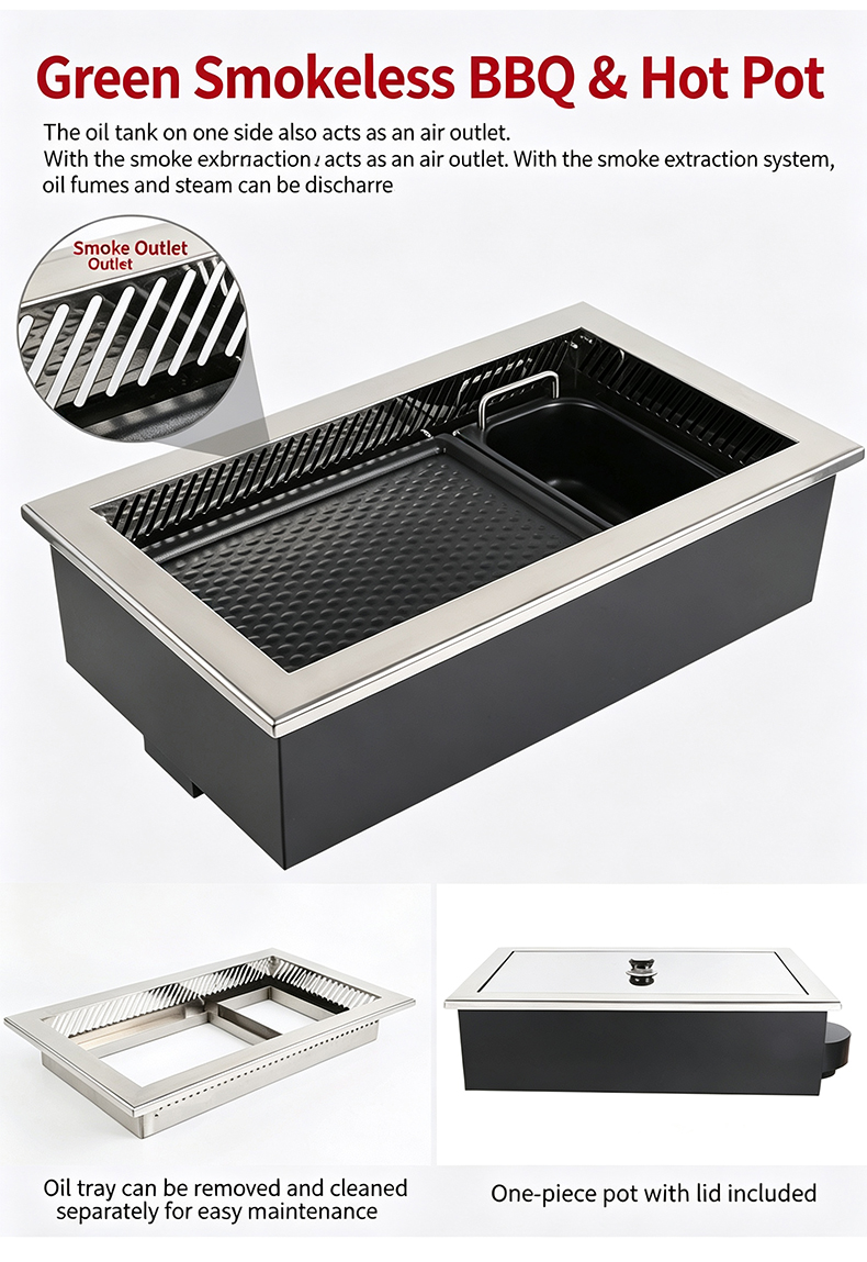 JHD‑630 Built‑in Smokeless BBQ Hot Pot Electric Stove, commercial grill hotpot combo with smoke outlet, for korean restaurant