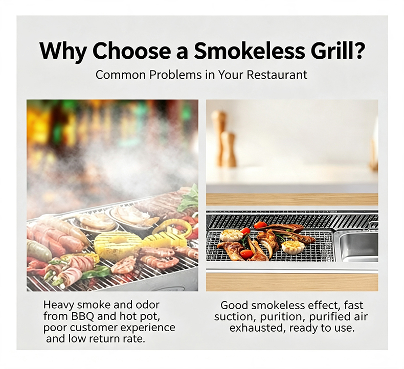 JHD‑760 smokeless grill versus traditional bbq comparison, restaurant common pain points heavy smoke low customer return rate