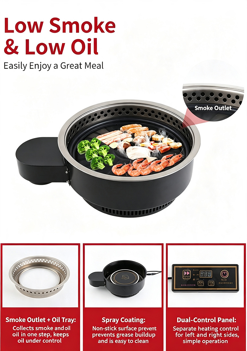 JHD-360A hot pot grill combo stove low smoke low oil design, with smoke outlet, oil drip tray and dual control panel for commercial kitchen