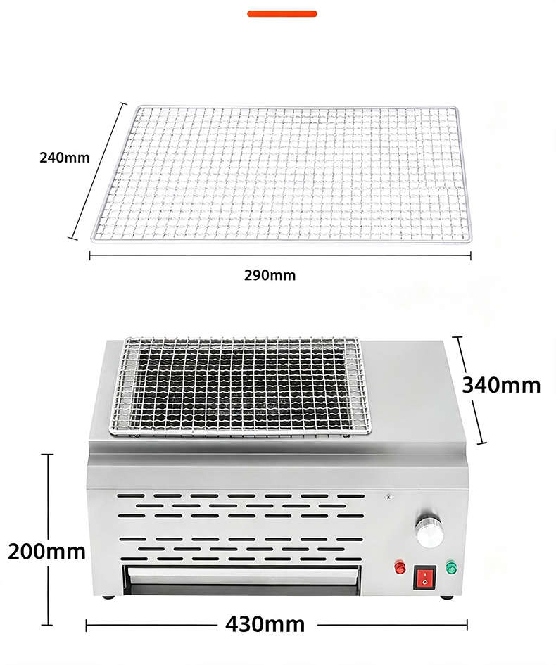 JHD-430 commercial countertop electric grill product dimension diagram, overall size and grill mesh size parameters for catering equipment