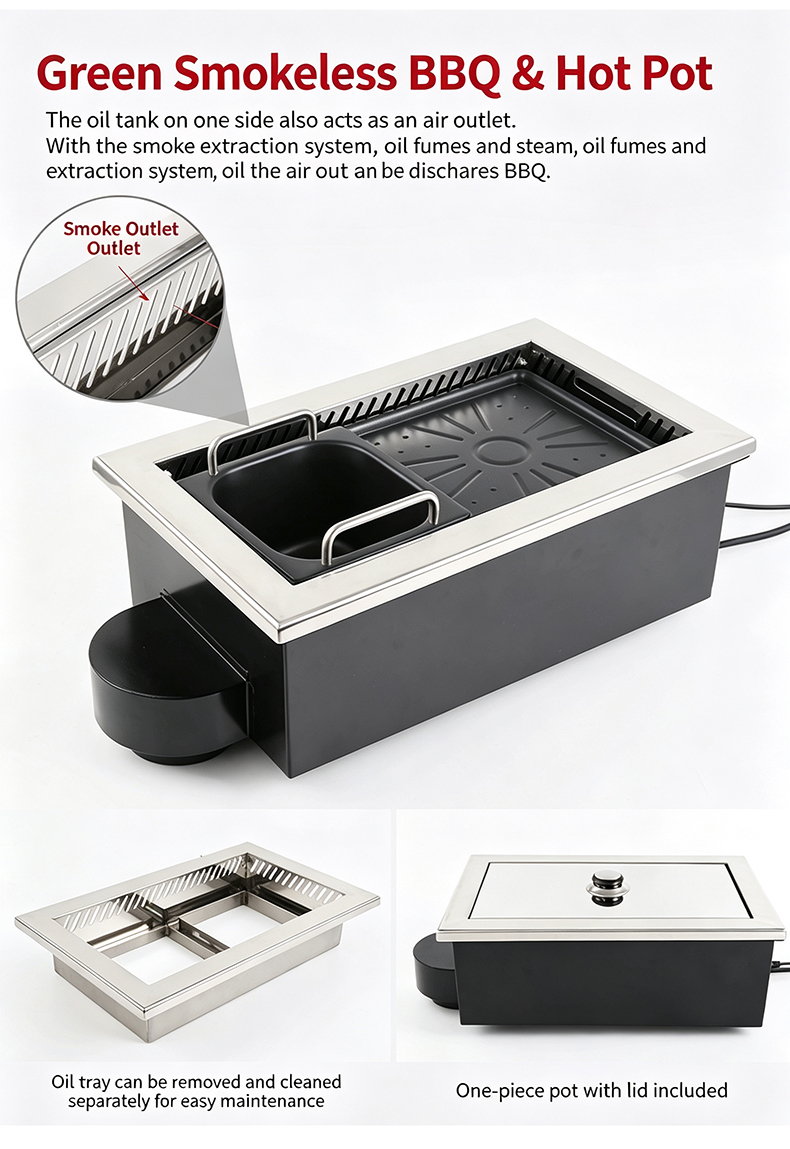 JHD-450 green smokeless bbq and hot pot electric stove with built-in smoke extraction system removable oil tray and stainless steel lid