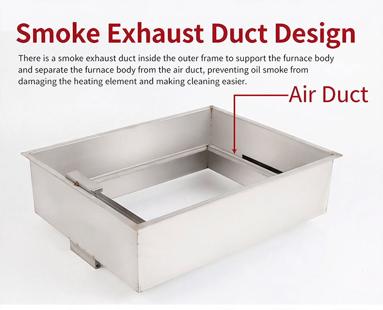 JHD-460 built-in electric grill smoke exhaust duct design, stainless steel frame separates oil smoke from heating element