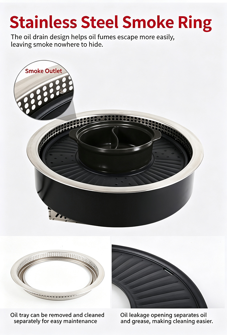 JHD‑530 stainless steel smoke ring and oil drain design, removable oil tray easy cleaning hot pot grill stove