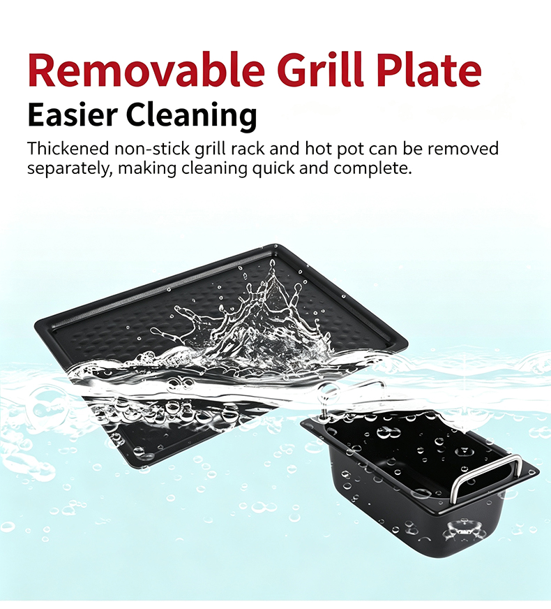 JHD‑630 Built‑in BBQ Hot Pot Stove, thickened non‑stick removable grill plate & hot pot pan, easy to clean commercial cookware