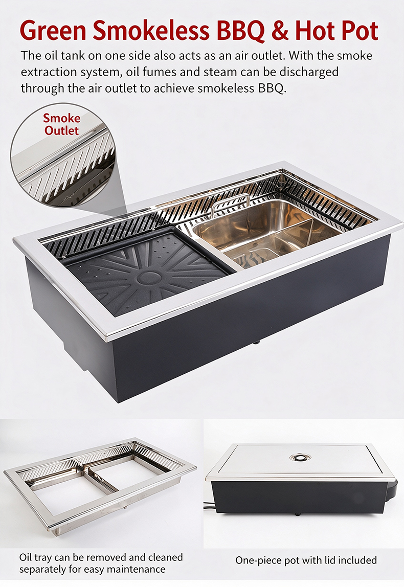 JHD‑650 Commercial Built‑in Smokeless BBQ & Hot Pot Electric Stove smoke outlet oil tray removable