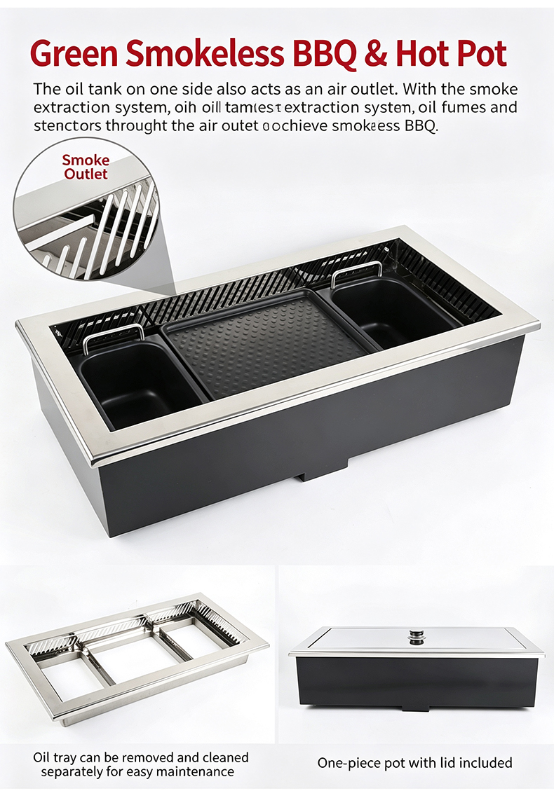 JHD‑720 commercial smokeless bbq hot pot electric stove smoke outlet oil tray removable cleanable integrated hotpot grill machine