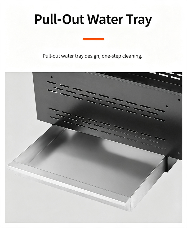 JHD‑760 commercial bbq hot pot stove pull‑out water tray design, one‑step easy cleaning removable water tray