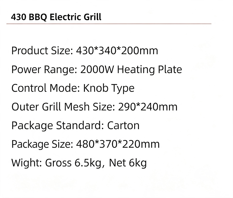 JHD-430 BBQ electric grill technical specification sheet, 2000W heating plate knob control size weight parameters for commercial use