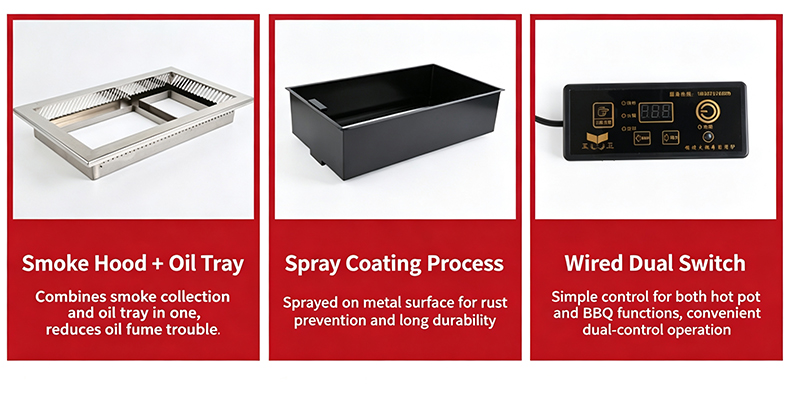 JHD‑630 smokeless bbq hotpot stove spare parts, smoke hood oil tray, spray coating body, wired dual switch control panel for restaurant