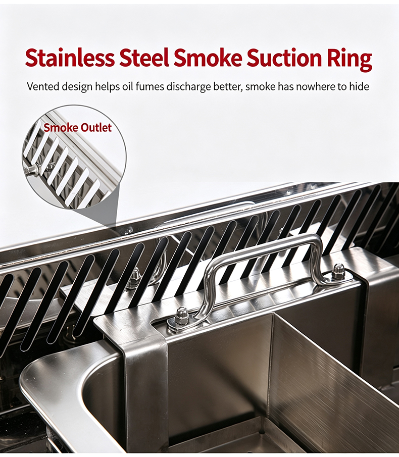 JHD‑650 automatic lifting commercial bbq hotpot stove stainless steel smoke suction ring installation and fume extraction detail