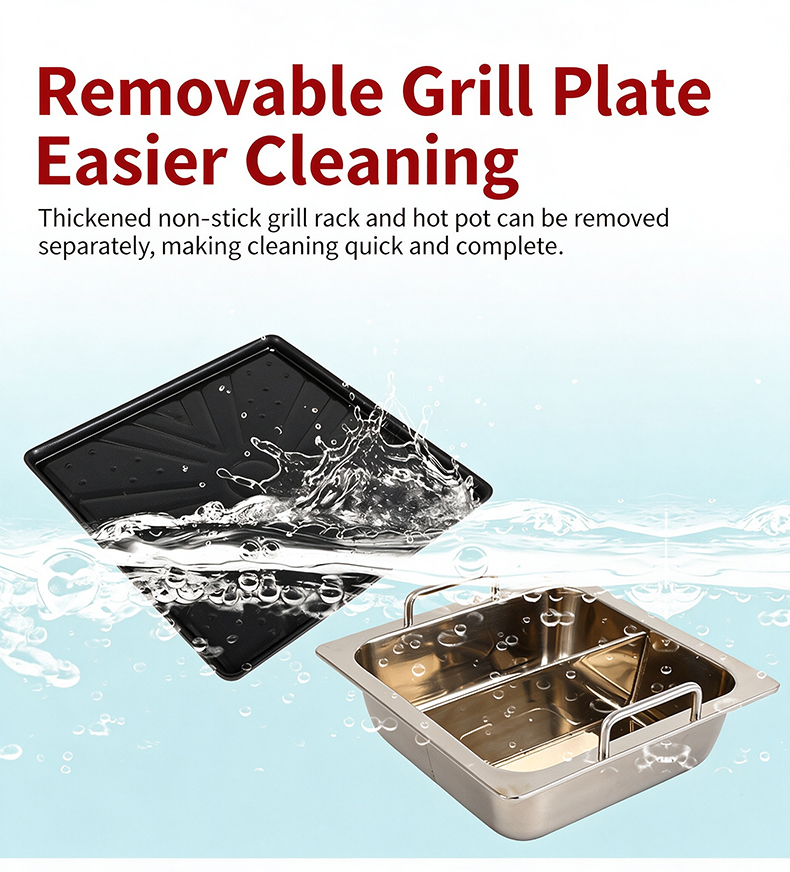 JHD‑650 Built‑in BBQ Hot Pot Stove Removable Non‑stick Grill Plate & Divided Hot Pot for quick cleaning