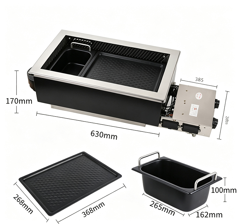 SZY‑630 gas hot pot grill dimension drawing, main unit grill tray and hot pot basin size specifications for built‑in cooker
