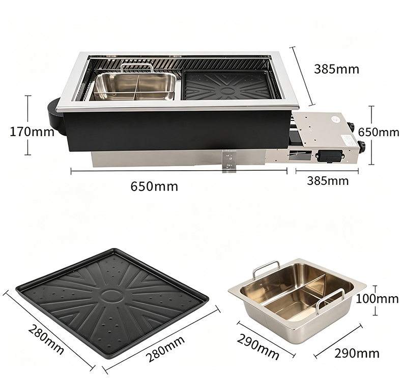 SZY‑650 gas hot pot grill dimension drawing, main unit grill tray and hot pot basin size specifications for built‑in cooker
