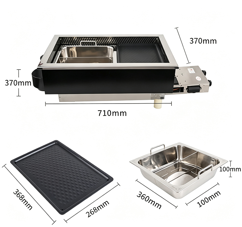 SZY‑710 gas hot pot grill dimension drawing, main unit grill tray and hot pot basin size specifications for built‑in cooker