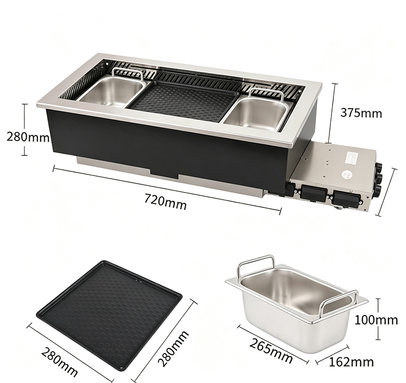 SZY‑720 built‑in grill hot pot stove dimension drawing with grill plate and soup pot accessories