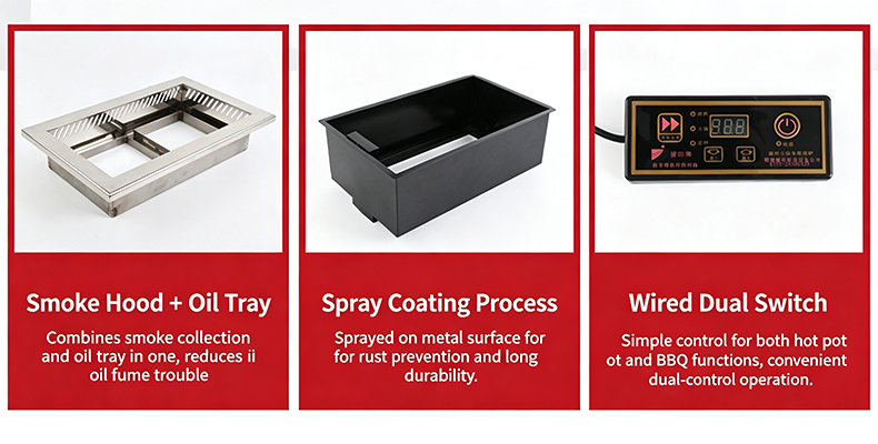 JHD-450 bbq hotpot stove components integrated smoke hood oil tray spray coating rust-proof body and wired dual switch control panel