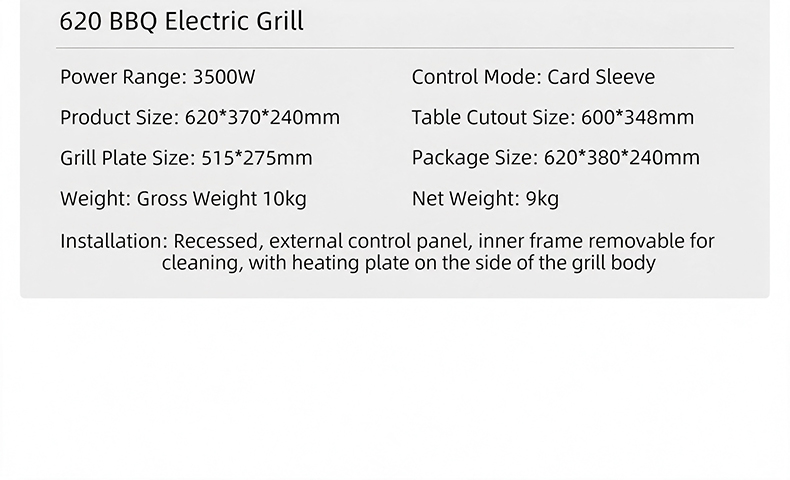 JHD-620 commercial electric grill technical specification sheet, 3500W power, cutout size, weight details for restaurant smokeless BBQ catering equipment