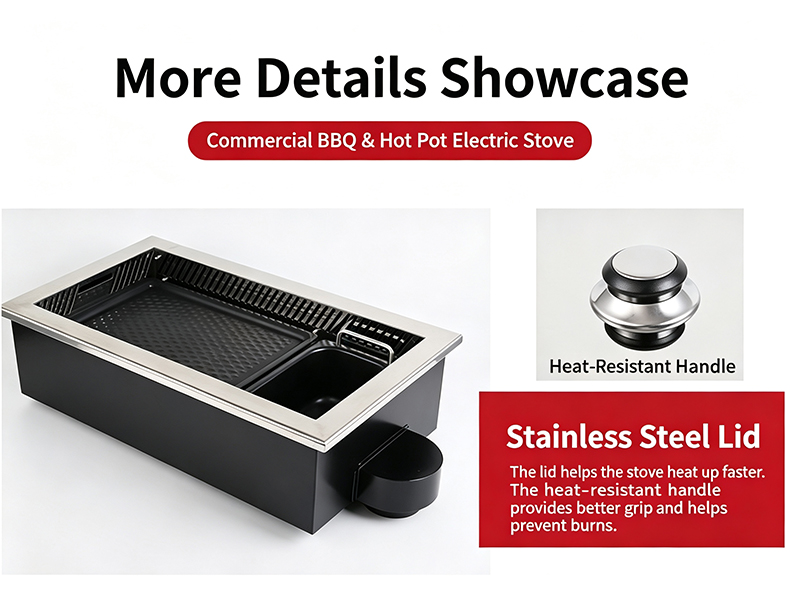 JHD‑630 commercial built‑in bbq hot pot electric stove details, stainless steel lid with heat‑resistant anti‑scald handle