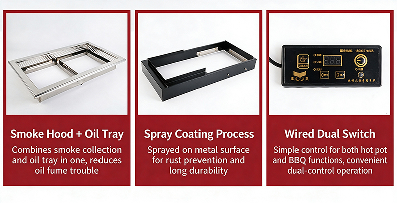 JHD‑650 commercial bbq hotpot stove accessories smoke hood oil tray wired dual switch control panel spray coating frame