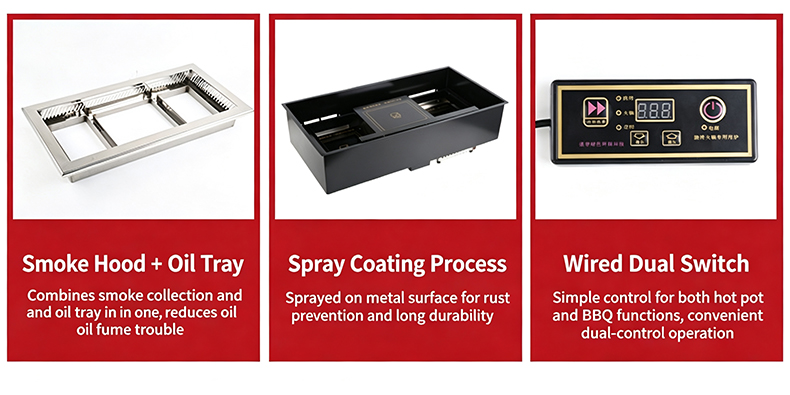 JHD‑720 smokeless bbq hot pot stove smoke hood oil tray spray coating wired dual control switch commercial grill hotpot unit