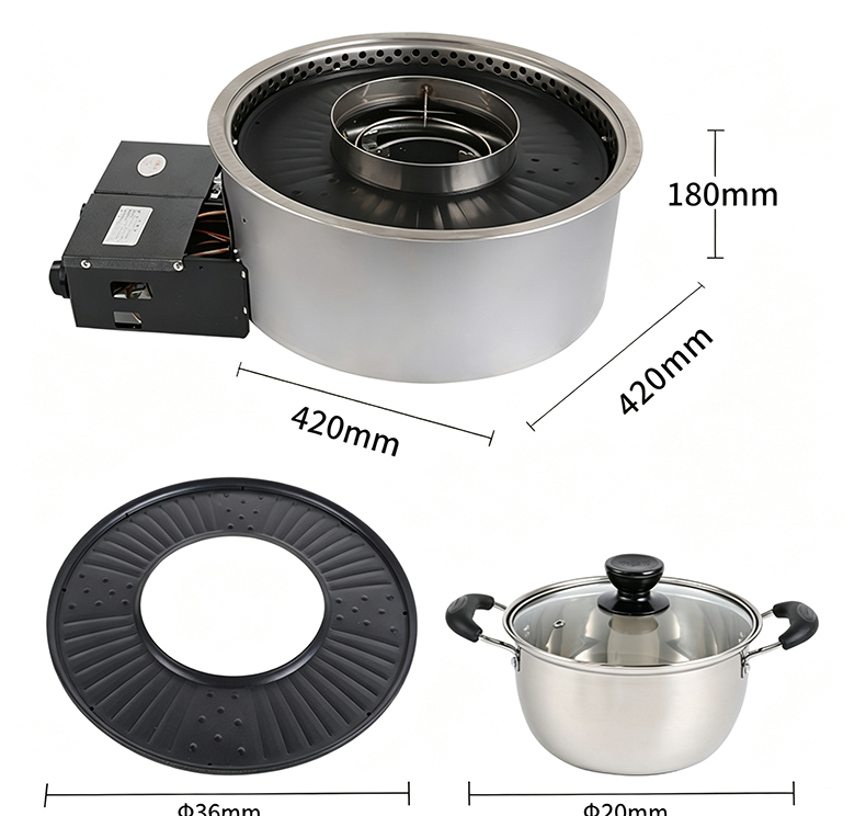 SZY‑420 grill hotpot gas stove dimension drawing with grill plate and stainless steel hot pot