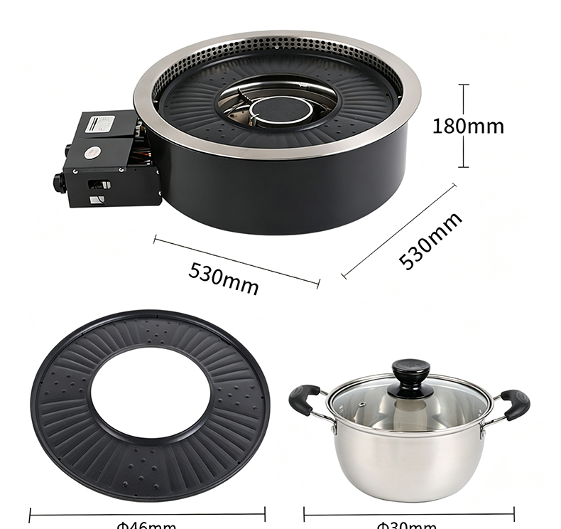 SZY‑530 gas grill hot pot stove dimension drawing with grill plate and stainless steel hot pot