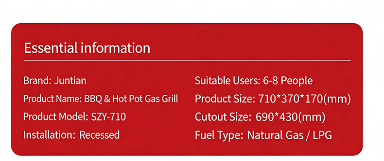SZY‑710 built‑in gas hot pot grill essential information spec sheet, product size cut‑out size fuel type installation details