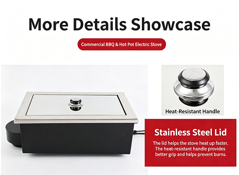JHD-450 commercial bbq hot pot electric stove stainless steel lid with heat-resistant anti-scald handle for faster heating and safe operation