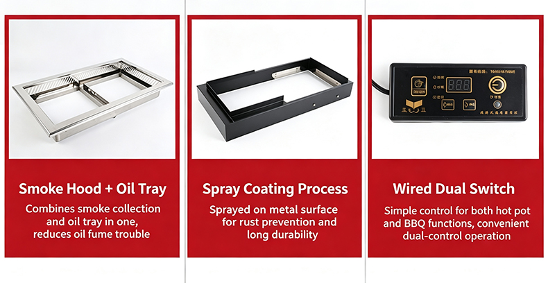 JHD‑650 automatic lifting grill hotpot electric stove full accessories display smoke hood oil tray and wired dual control switch