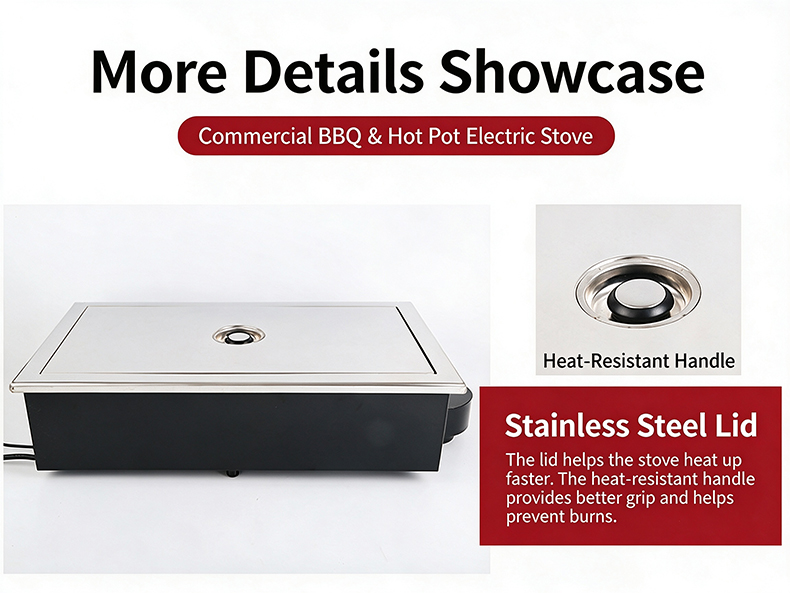 JHD‑650 built‑in smokeless bbq hot pot electric stove details stainless steel lid heat resistant handle