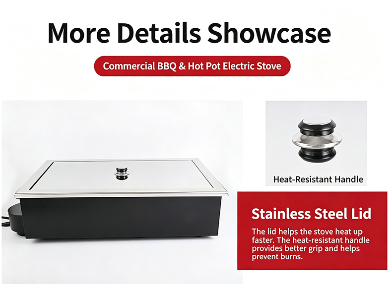 JHD‑710 commercial bbq hot pot electric stove stainless steel lid with heat resistant handle detail