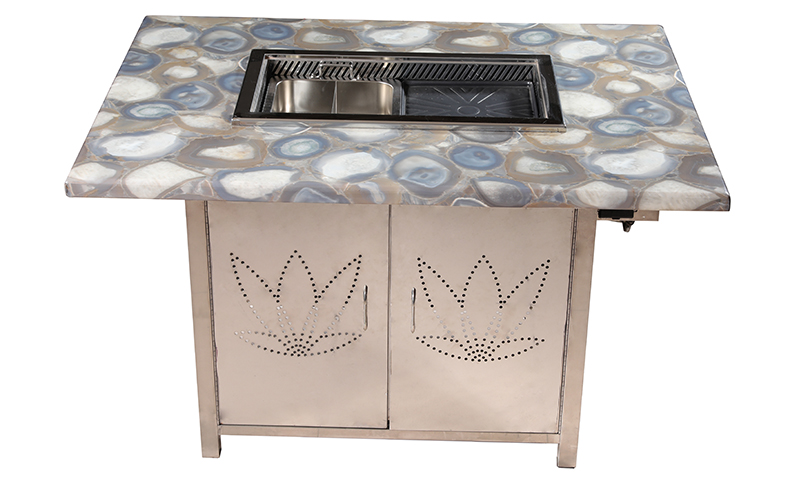 SZY‑650 commercial gas hot pot grill complete dining table installation, decorative stone tabletop built‑in stove unit front view