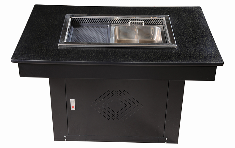 SZY‑710 commercial gas hot pot grill complete dining table installation, black stone tabletop built‑in stove unit front view
