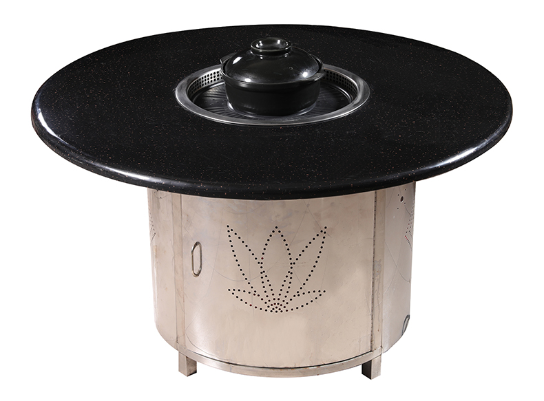 JHD‑530 round black stone dining table complete installation, built‑in hot pot grill electric ceramic stove for restaurant