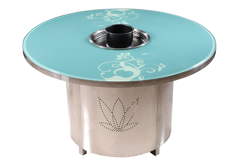 JHD‑420A round glass dining table complete installation, built‑in hot pot grill electric ceramic stove for restaurant